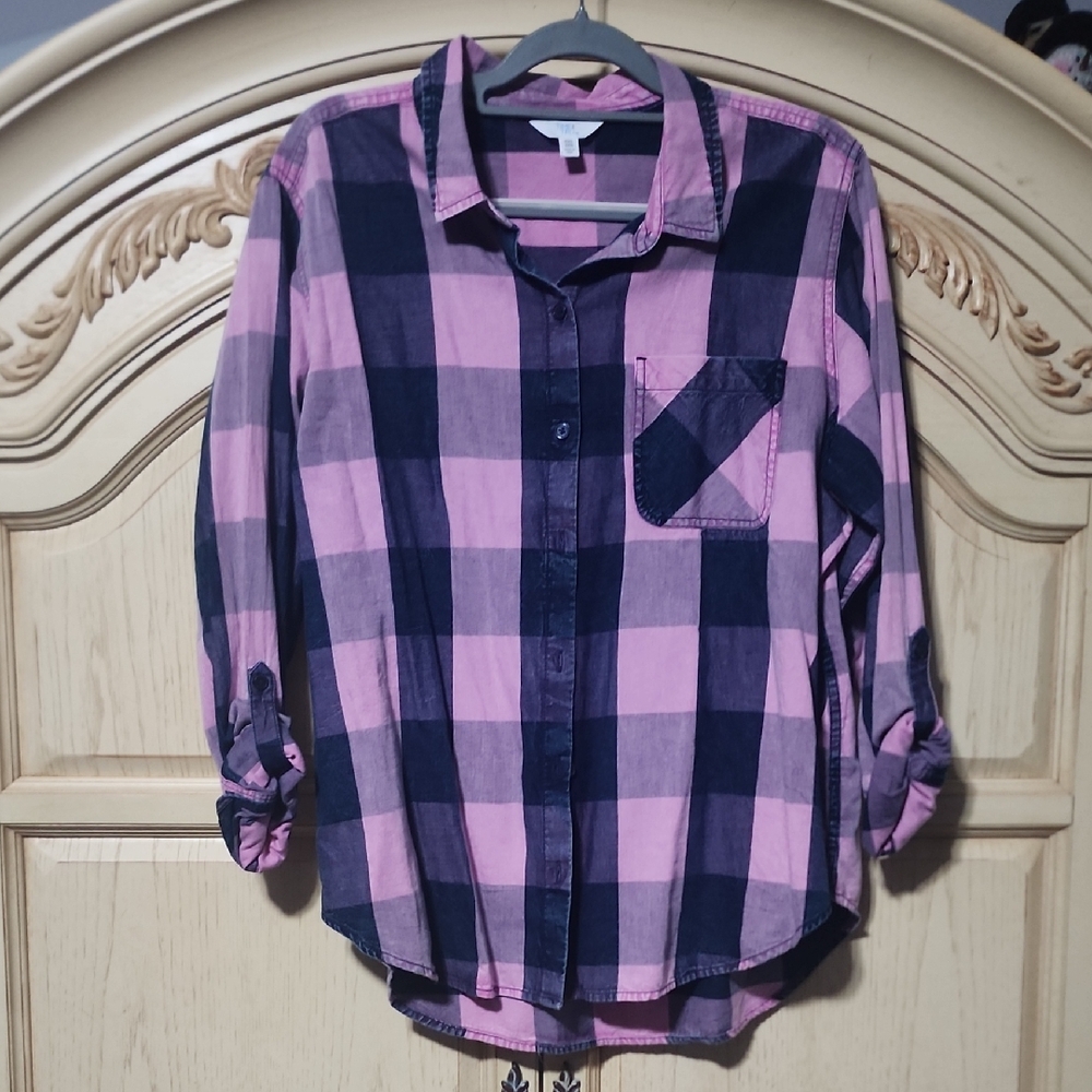 Time and Tru Purple and Navy Checkered Shirt